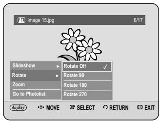 Image 15.jpg 6/17 Slideshow Rotate Off ✓ Rotate Rotate 90 Zoom Rotate 180 Go to Photolist Rotate 270 Anyway MOVE SELECT RETURN EXIT