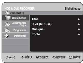 HDD & DVD RECORDER DVD-RW(VR) Bibliothèque Titre DivX (MPEG4) Musique Photo Programme Paramétrer Anykey DéPLA. SELECT. REVENIR SORTIE