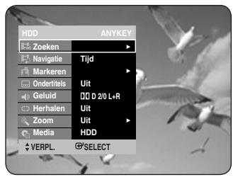 HDD ANYKEY Zoeken Navigatie Tijd Markeren Ondertitels Uit Geluid DQ D 2/0 L+R Herhalen Uit Zoom Uit Media HDD VERPL... SELECT