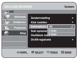 HDD & DVD RECORDER Systeem HDD Bibliothek Schilfbeheer Programma Setup Zenderinstelling Klok instellen Automatisch Uit Snel opnemen 2 Uren Hoofdstuk ma 6 Uren DivX®-registratie ✿VERPL. ⚙ SELECT ↕ TERUG Ⓗ EINDE