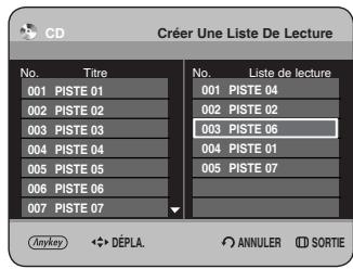 CD Créer une liste de lecture No. Titre 001 PISTE 01 002 PISTE 02 003 PISTE 03 004 PISTE 04 005 PISTE 05 006 PISTE 06 007 PISTE 07 No. Liste de lecture 001 PISTE 04 002 PISTE 02 003 PISTE 06 004 PISTE 01 005 PISTE 07 Anykey Déplacer Annuler Sortie