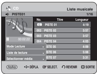 CD Liste musicale PISTE01 1/16 No. Titre Longueur 2 PISTE 01 4:19 002 PISTE 02 3:57 003 PISTE 03 3:57 004 PISTE 04 4:03 Mode Lecture STE 05 4:09 Liste de lecture ISTE 06 5:08 Sélectionner média ISTE 07 3:31 Anykey : DéPLA. SELECT. REVENIR SORTIE