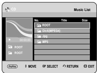 CD Music List No. Title Size ROOT DivX(MPEG4) Jpg MP3 00:00:00 ROOT ROOT Mykey MOVE SELECT RETURN EXIT