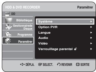Enregistreur HDD et DVD Paramétrer HDD DD Bibliothèque Gestionnaire de disque Programme Paramétrer Système Option PVR Langue Audio Vidéo Verrouillage parental Déplacer. Sélectionner. Revenir. Sortie