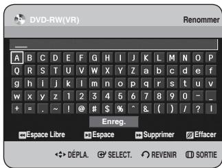 DVD-RW(VR) Renommer A B C D E F G H I J K L M N O P Q R S T U V W X Y Z a b c d e f g h i j k l m n o p q r s t u v w x y z 1 2 3 4 5 6 7 8 9 0 - _ + = . ~ ! @ # $ % ^ & ( ) / ? I Enreg. Espace Libre Espace Supprimer Effacer DéPLA SELECT REVENIR SORTIE