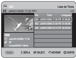DD JAN/01/2006 17:30 PR1 Liste de Titres 1/3 No. Titre Longueur 001 JAN/01/2006 17:30 PR 01:00:00 002 JAN/01/2006 21:00 PR 01:00:00 003 JAN/01/2006 23:15 PR 00:30:00 unico Jan/01/2006 17:30 SP Compatibilité V-Mode Anykey DÉPLA SELECT REVENIR SORTIE
