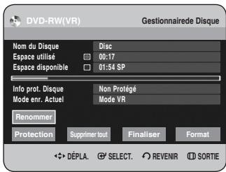DVD-RW(VR) Gestionnaire de Disque Nom du Disque Disc Espace utilisé 00:17 Espace disponible 01:54 SP Info prot. Disque Non Protégé Mode enr. Actuel Mode VR Renommer Protection Supprimer tout Finaliser Format DéPLA SELECT REVENIR SORTIE