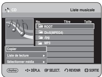 Liste musicale No. Titre Taille ROOT DivX(MPEG4) Jpg MP3 Copier Lists de lecture Selectionner média Anykey DÉPLA SELECT REVENIR SORTIE