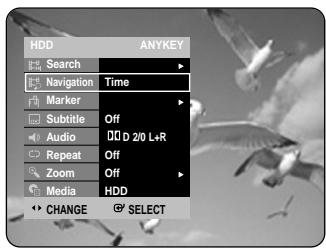 HDD ANYKEY Search Navigation Time Marker Subtitle Off Audio D 2/0 L+R Repeat Off Zoom Off Media HDD CHANGE SELECT