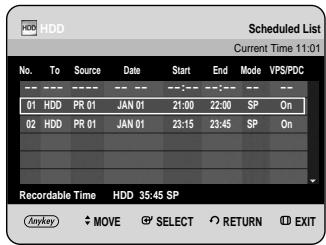 HDD Scheduled List Current Time 11:01 No. To Source Date Start End Mode VPS/PDC 01 HDD PR 01 JAN 01 21:00 22:00 SP On 02 HDD PR 01 JAN 01 23:15 23:45 SP On Recordable Time HDD 35:45 SP MyKey MOVE SELECT RETURN EXIT