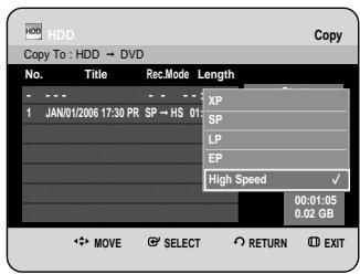 HDD Copy To : HDD → DVD No. Title Rec.Mode Length 1 JAN/01/2006 17:30 PR SP → HS 01 XP SP LP EP High Speed ✓ 00:01:05 0.02 GB MOVE SELECT RETURN EXIT