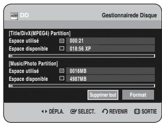 [Title/DivX(MPEG4) Partition] Espace utilisé 000:21 Espace disponible 018:56 XP [Music/Photo Partition] Espace utilisé 0016MB Espace disponible 4987MB Supprimer tout Format ► DÉPLA. SELECT. REVENIR SORTIE