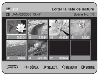 DD JAN/02/2006 13:47 Editor la liste de lecture Scène No. 1/6 01 00:02:24 02 0:00:34 03 00:00:51 04 0:01:22 05 0:00:59 06 00:01:06 07 00:00:00 Anykey ◆ DÉPLA. SELECT. REVENIR SORTIE