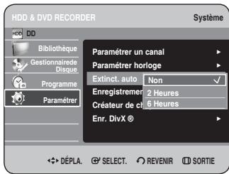HDD & DVD RECORDER Système HDD DD Bibliothèque Gestionnaire de Disque Programme Paramétrer Paramétrer un canal Paramétrer horloge Extinct. auto Non ✓ Enregistrement 2 Heures Créateur de 6 Heures Enr. DivX © DéPLA. SELECT. REVENIR SORTIE