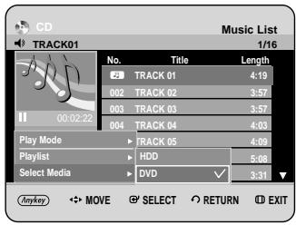 CD TRACK01 Music List 1/16 No. Title Length 2 TRACK 01 4:19 002 TRACK 02 3:57 003 TRACK 03 3:57 004 TRACK 04 4:03 Play Mode ▶ TRACK 05 4:09 Playlist ▶ HDD 5:08 Select Media ▶ DVD √ 3:31 Anykey ○ MOVE ● SELECT ● RETURN ● EXIT