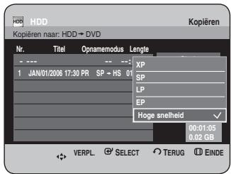 HDD Kopieren naar: HDD → DVD Nr. Titel Opnamenodus Lengte 1 JAN/01/2006 17:30 PR SP → HS 01 XP SP LP EP Hoge snelheid ✓ 00:01:05 0,02 GB VERPL SELECT TERUG EINDE