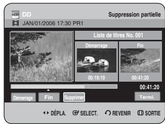 DD JAN/01/2006 17:30 PR1 Suppression partielle Liste de titres No. 001 Démarrage Fin 00:19:10 00:41:20 00:41:20 TermL. Démarrage Fin Supprimer DéPLA. SELECT. REVENIR SORTIE
