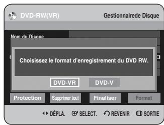 DVD-RW(VR) Gestionnaire des Disque Nom du Disque Choisissez le format d'enregistrement du DVD RW. DVD-VR DVD-V Protection Supprimer tout Finaliser Format DéPLA. SELECT. REVENIR SORTIE
