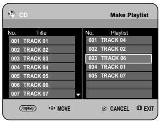 CD Make Playlist No. Title No. Playlist 001 TRACK 01 001 TRACK 04 002 TRACK 02 002 TRACK 02 003 TRACK 03 003 TRACK 06 004 TRACK 04 004 TRACK 01 005 TRACK 05 005 TRACK 07 006 TRACK 06 007 TRACK 07 Anykey ✦ MOVE ✅ CANCEL Ⓐ EXIT