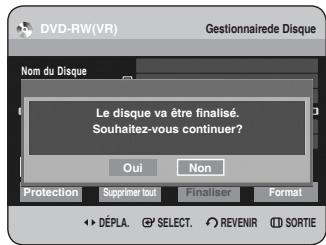 DVD-RW(VR) Gestionnaire de Disque Nom du Disque Le disque va être finalisé. Souhaitez-vous continuer? Oui Non Protection Supprimer tout Finaliser Format DéPLA. SELECT. REVENIR SORTIE