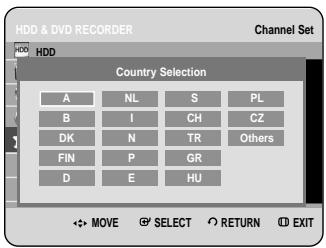 HDD & DVD RECORDER Channel Set HDD Country Selection A NL S PL B I CH CZ DK N TR Others FIN P GR D E HU MOVE SELECT RETURN EXIT