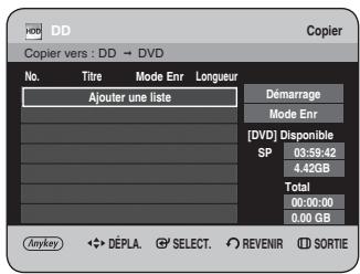 DD Copier vers : DD → DVD No. Titre Mode Enr Longueur Ajouter une liste Démarrage Mode Enr [ DVD ] Disponible SP 03:59:42 4.42GB Total 00:00:00 0.00 GB Anykey DÉPLA SELECT REVENIR SORTIE