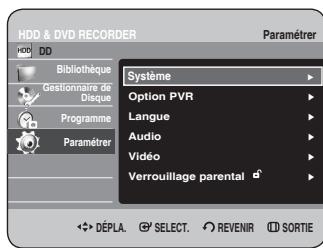 HDD & DVD RECORDER Paramétrer Système Option PVR Langue Audio Vidéo Verrouillage parental DéPLA. SELECT. REVENIR SORTIE