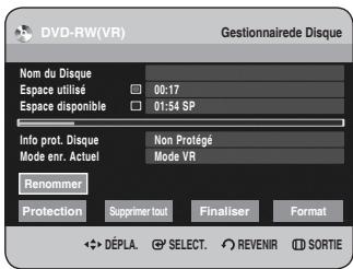 DVD-RW(VR) Gestionnaire de Disque Nom du Disque Espace utilisé 00:17 Espace disponible 01:54 SP Info prot. Disque Non Protégé Mode enr. Actuel Mode VR Renommer Protection Supprimer tout Finaliser Format DéPLA SELECT REVENIR SORTIE