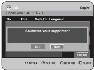 Copier vers : DD → DVD No. Titre Mode Enr Longueur Souhaitez-vous supprimer? Oui Non 0.06 GB DéPLA. SELECT. REVENIR SORTIE