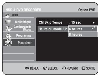 HDD & DVD RECORDER Option PVR HDD Bibliothèque Gestionnaire Disque Programme Paramétrer CM Skip Temps : 15 sec Heure du mode EP 6 heures ✓ 8 heures DéPLA. SELECT. REVENIR SORTIE