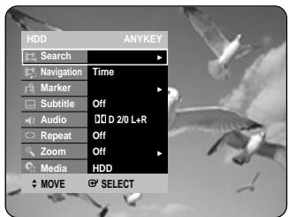 HDD ANYKEY Search Navigation Time Marker Subtitle Off Audio D 2/0 L+R Repeat Off Zoom Off Media HDD MOVE SELECT