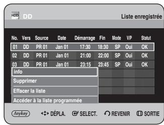 No. Vers Source Date Démarrage Fin Mode VIP Statut 01 DD PR 01 Jan 01 17:30 18:30 SP Oui OK 02 DD PR 01 Jan 01 21:00 22:00 SP Oui OK 03 DD PR 01 Jan 01 23:15 23:45 SP Oui OK Info Supprimer Effacer la liste Accéder à la liste programmée Anykey ◀ DÉPLA. SELECT. REVENIR SORTIE
