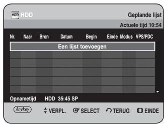 HDD Geplande lijst Actuele tijd 10:54 Nr. Naar Bron Datum Begin Einde Modus VPS/PDC Een lijst toevoegen Opnametijd HDD 35:45 SP Anykey VERPL SELECT TERUG EINDE