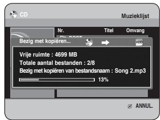 CD Muzieklijst Nr. Titel Omvang Bezig met kopieren... Vrije ruimte : 4699 MB Totale aantal bestanden : 2/8 Bezig met kopieren van bestandsnaam : Song 2.mp3 13% ANNUL.