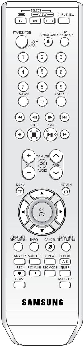 SELECT VIEW INPUT SEL. TV DVD HDD STANDBY/ON OPEN/CLOSE STANDBY/ON 1 2 3 4 5 6 7 8 9 TV/DVD CM SKIP 0 STOP PLAY VOL AUDIO PROG MENU RETURN OK TITLE LIST DISC MENU INFO CANCEL PLAY LIST TITLE MENU ANYKEY SUBTITLE REPEAT REPEAT A-B REC REC PAUSE REC MODE TIMER COPY MARKER SAMSUNG