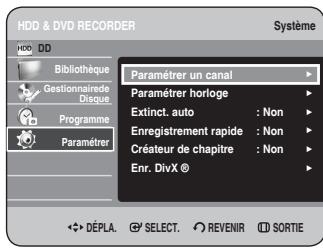 HDD & DVD RECORDER Système HDD DD Bibliothèque Gestionnaire Disague Programme Paramétrer Paramétrer un canal Paramétrer horloge Extinct. auto : Non Enregistrement rapide : Non Créateur de chapitre : Non Enr. DivX © DéPLA. SELECT. REVENIR SORTIE
