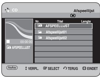 CD Afspeellijst Nr. Titel Lengte AFSPEELLUST Afspeellijst01 Afspeellijst02 Anykey VERPL SELECT TERUG EINDET
