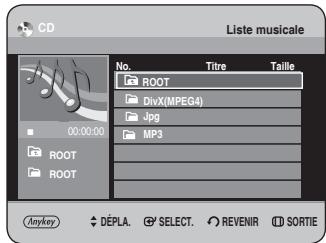 CD Liste musicale No. Titre Taille ROOT DivX(MPEG4) Jpg MP3 Anykey DÉPLA SELECT REVENIR SORTIE