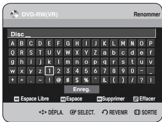 DVD-RW(VR) Renommer Disc A B C D E F G H I J K L M N O P Q R S T U V W X Y Z a b c d e f g h i j k l m n o p q r s t u v w x y z 1 2 3 4 5 6 7 8 9 0 - _ + = . ~ ! @ # $ % ^ & ( ) / ? I Enreg. Espace Libre Espace Supprimer Effacer DéPLA SELECT REVENIR SORTIE