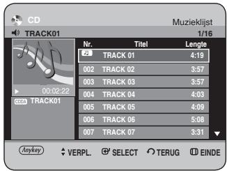 CD TRACK01 Muzieklijst 1/16 Nr. Titel Lengte 21 TRACK 01 4:19 002 TRACK 02 3:57 003 TRACK 03 3:57 004 TRACK 04 4:03 005 TRACK 05 4:09 006 TRACK 06 5:08 007 TRACK 07 3:31 Anykey VERPL SELECT TERUG EINDE