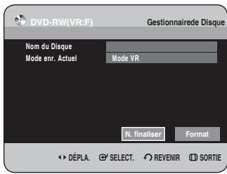 DVD-RW(VR:F) Gestionnaire de Disque Nom du Disque Mode enr. Actuel Mode VR N. finaliser Format DéPLA. SELECT. REVENIR SORTIE