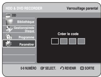 HDD & DVD RECORDER Verrouillage parental HDD DD Bibliothèque Gestionnaire Disque Programme Paramèrer Créer le code 0-9 NUMÉRO SELECT. REVENIR SORTIE