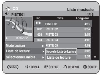 CD Liste musicale PISTE01 1/16 No. Titre Longueur 2 PISTE 01 4:19 002 PISTE 02 3:57 003 PISTE 03 3:57 004 PISTE 04 4:03 Mode Lecture PISTE 05 4:09 Liste de lecture Nouvelle Liste de Lecture 5:08 Sélectionner média Liste de lecture 3:31 Anykey DÉPLA SELECT REVENIR SORTIE