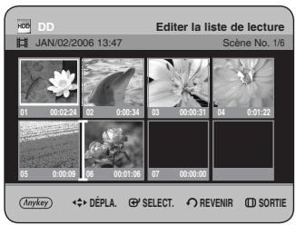 DD JAN/02/2006 13:47 Editir la liste de lecture Scène No. 1/6 03 00:02:24 02 0:00:34 03 00:00:31 04 0:01:22 05 00:00:09 06 00:01:06 07 00:00:00 Anykey Dépla. SELECT. REVENIR SORTIE