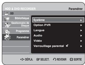 HDD & DVD RECORDER Paramétrer Système Option PVR Langue Audio Vidéo Verrouillage parental DéPLA. SELECT. REVENIR SORTIE