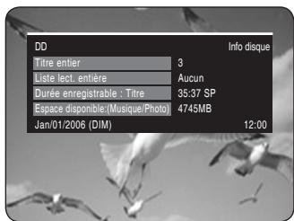 DD Info disque Titre entier 3 Liste lect. entière Aucun Durée enregistrable : Titre 35:37 SP Espace disponible/(Musique/Photo) 4745MB Jan/01/2006 (DIM) 12:00