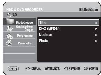 HDD & DVD RECORDER CD Bibliothèque Titre DivX (MPEG4) Musique Photo Programme Paramétrer Anykey DéPLA. SELECT. REVENIR SORTIE