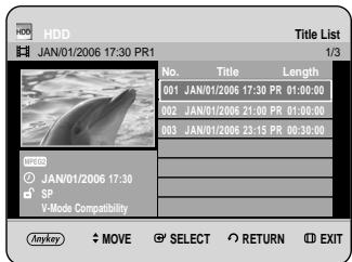 HDD JAN/01/2006 17:30 PR1 Title List 1/3 No. Title Length 001 JAN/01/2006 17:30 PR 01:00:00 002 JAN/01/2006 21:00 PR 01:00:00 003 JAN/01/2006 23:15 PR 00:30:00 MSSO JAN/01/2006 17:30 SP V-Mode Compatibility Anykey ▼ MOVE ⬆ SELECT ○ RETURN Ⓐ EXIT