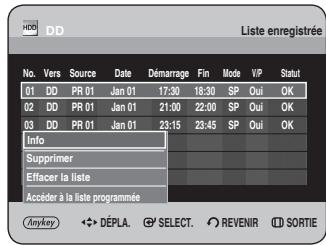No. Vers Source Date Démarrage Fin Mode VIP Statut 01 DD PR 01 Jan 01 17:30 18:30 SP Oui OK 02 DD PR 01 Jan 01 21:00 22:00 SP Oui OK 03 DD PR 01 Jan 01 23:15 23:45 SP Oui OK Info Supprimer Effacer la liste Accéder à la liste programmée Anyway DEPLA SELECT REVENIR SORTIE