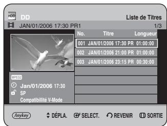 DD JAN/01/2006 17:30 PR1 Liste de Titres 1/3 No. Titre Longueur 001 JAN/01/2006 17:30 PR 01:00:00 002 JAN/01/2006 21:30 PR 01:30:30 003 JAN/01/2006 23:15 PR 00:30:00 MYSEQ Jan/01/2006 17:30 SP Compatibilité V-Mode Anykey DÉPLA SELECT REVENIR SORTIE